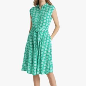 Boden Geometric Print Cap Sleeve Button Front Shirt Dress Size 4 Kelly Green